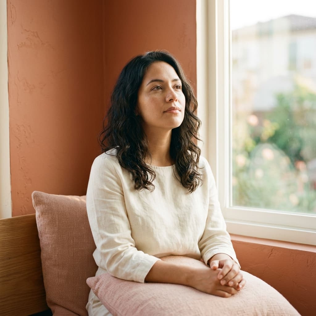 Mujer pensativa con expresión de preocupación sobre dependencia emocional y salud mental