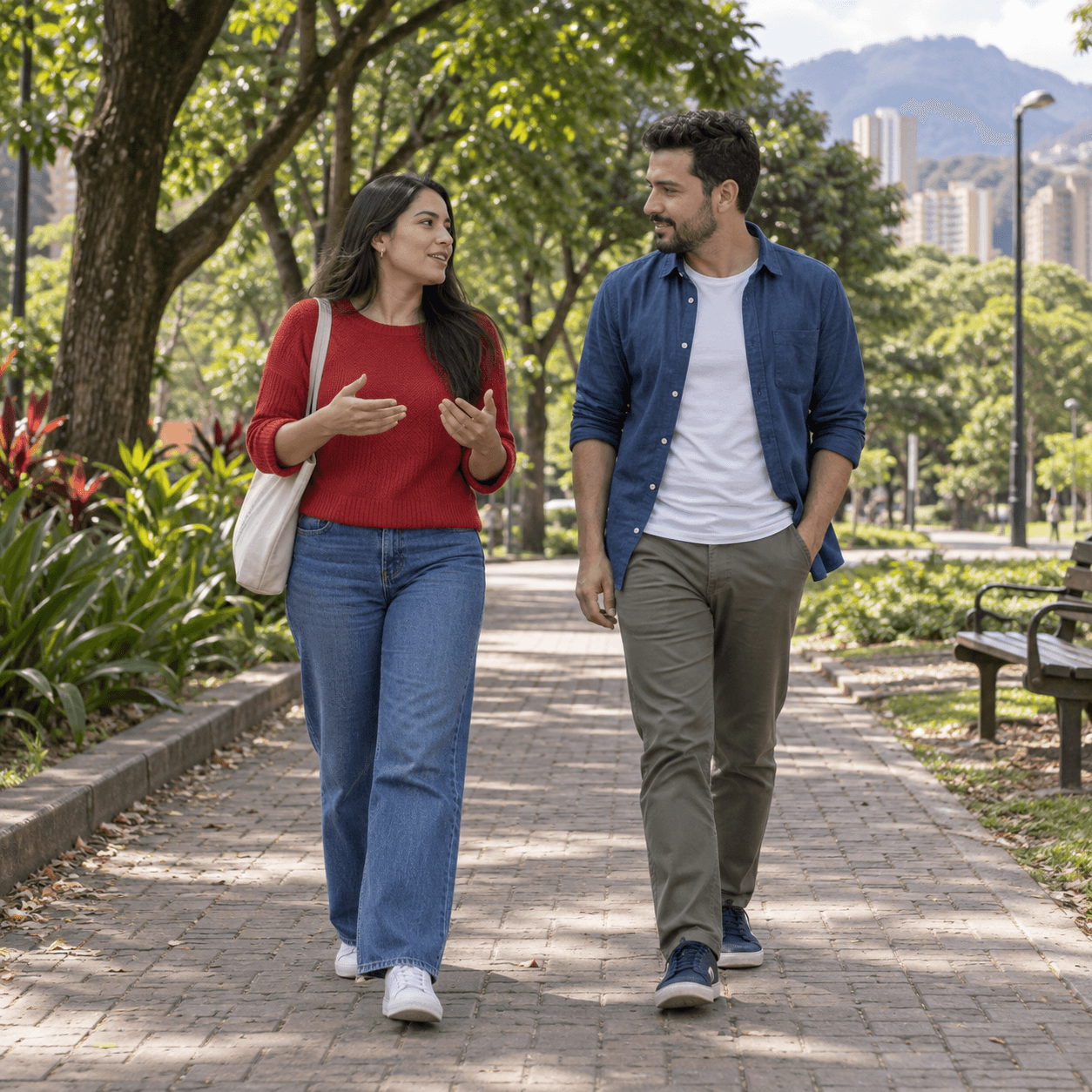 Dos personas adultas conversan en un paseo mientras mantienen los teléfonos guardados