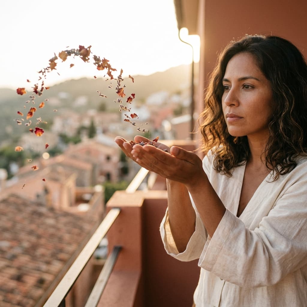 Mujer liberando emociones con ritual de sanación en la naturaleza